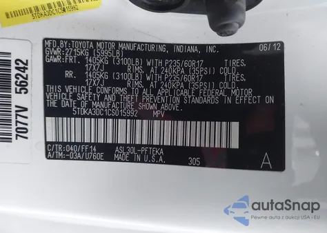 2012 Toyota Sienna Base 7 Passenger z USA, uszkodzony, nr VIN 5TDKA3DC1CS015992